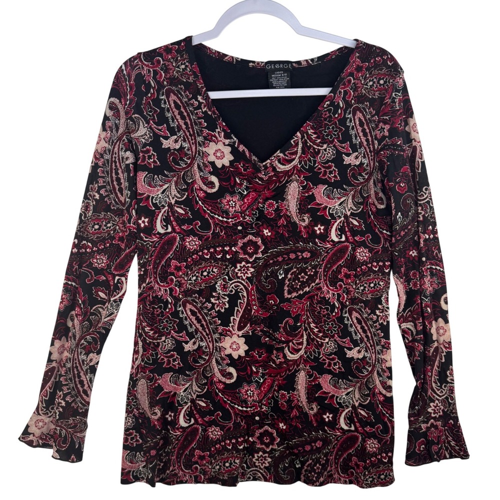 George Womens Paisley V-Neck Long Sleeve Ruffle Cuff Top Burgundy Black M 8/10‎